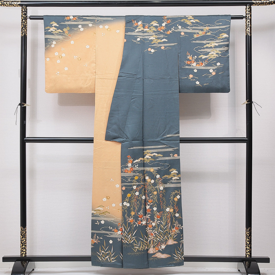 訪問着 袷 身丈157cm 裄丈62cm 正絹 Sランク 紋意匠 (紗綾型) セミフォーマル 広衿 Mサイズ 金駒刺繍 雲取り 桜 松 紺系 RP 1217-15746