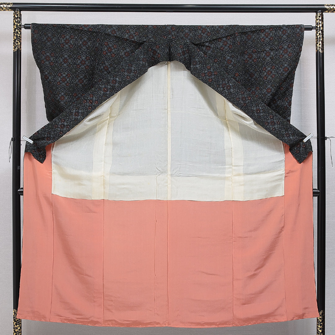 小紋 袷 身丈151cm 裄丈62cm 正絹 Sランク インフォーマル 広衿 Sサイズ 花柄 紺系 RP 1221-15936