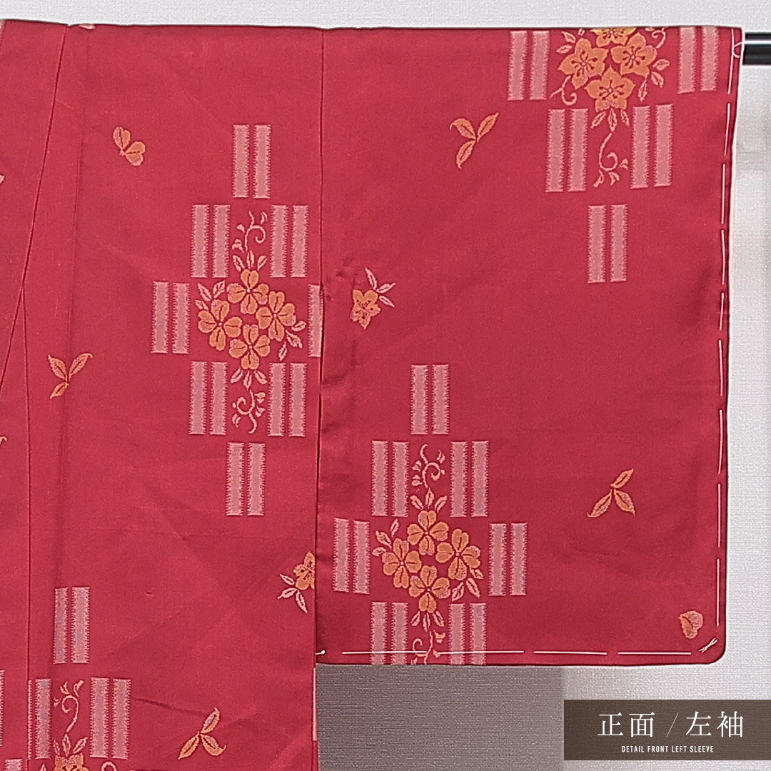 お召 袷 身丈155cm 裄丈60cm 正絹 Cランク インフォーマル バチ衿 Mサイズ 花柄 赤系 LP 1222-15583