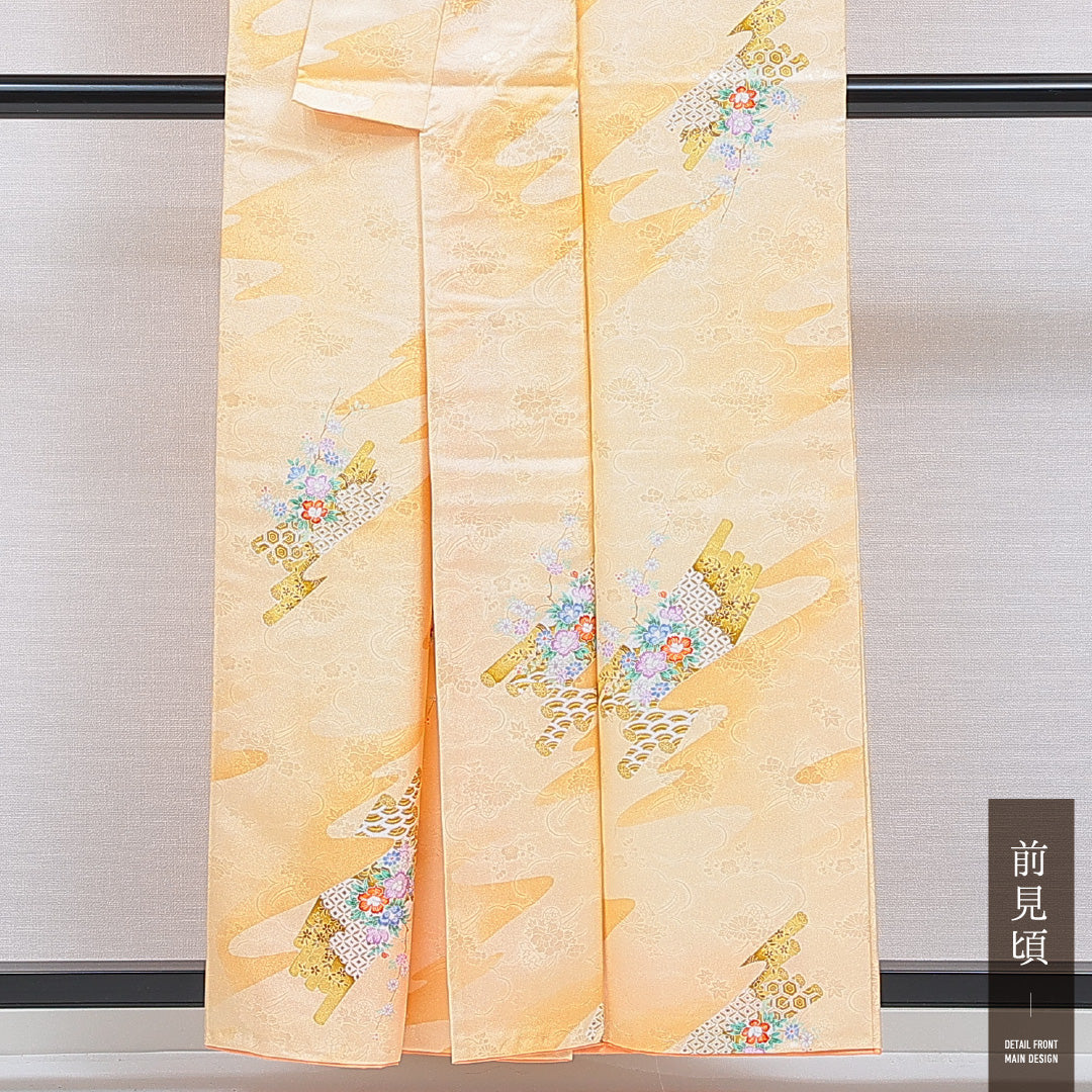 洗える着物 小紋 袷 身丈157cm 裄丈63cm ポリエステル Sランク インフォーマル 広衿 Mサイズ 吉祥文様 黄系 RP 1221-16331
