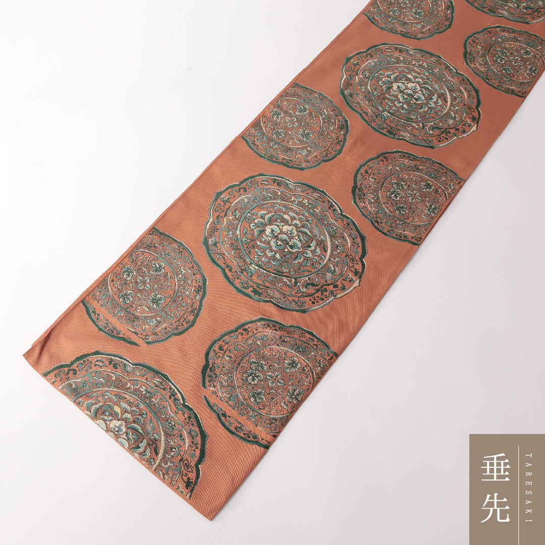 袋帯 帯丈400cm 正絹 六通 帯芯なし セミフォーマル 鏡裏文 朱系 1243-01824
