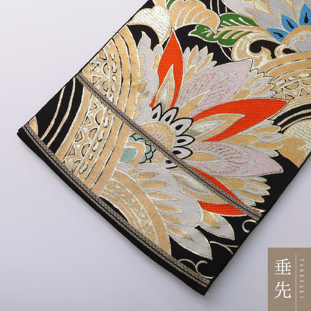 アンティーク 袋帯 帯丈412cm 六通 Aランク 正絹 植物柄 黒系 1223-01997