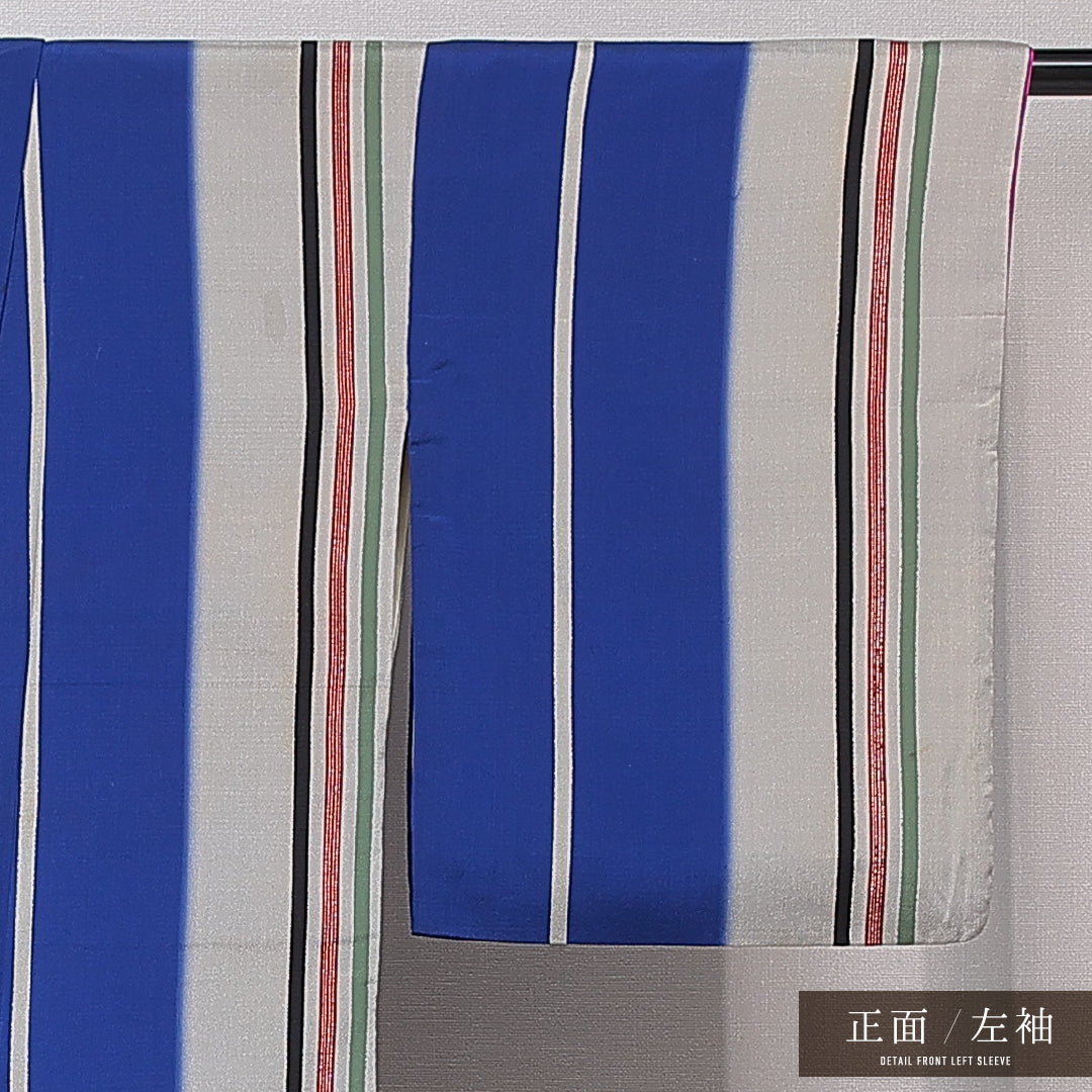 アンティーク お召 袷 身丈143cm 裄丈62cm 正絹 Aランク バチ衿 XSサイズ 染め紬 縞 グレー系 RP 1222-16758