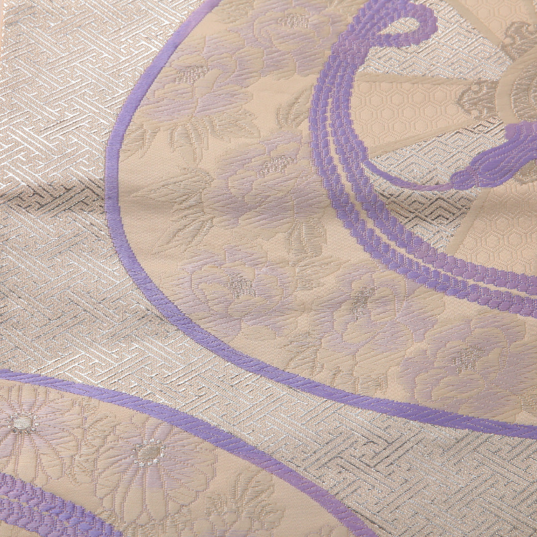 袋帯 帯丈428cm フォーマル 六通 Cランク 正絹 組紐 紗綾型 白系 銀系 1223-01901