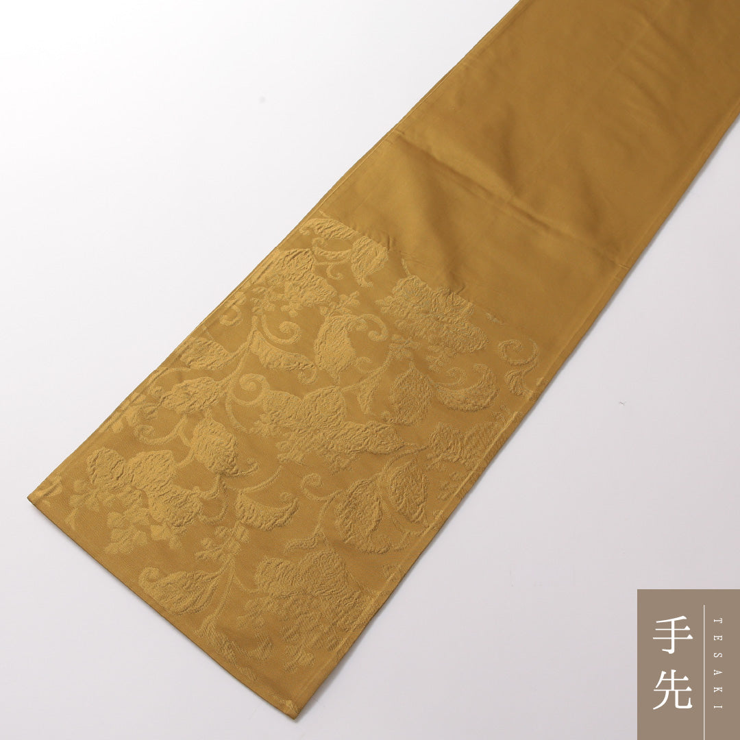 袋帯 帯丈432cm 正絹 六通 セミフォーマル ふくれ織 唐草華文 黄系 1243-01863