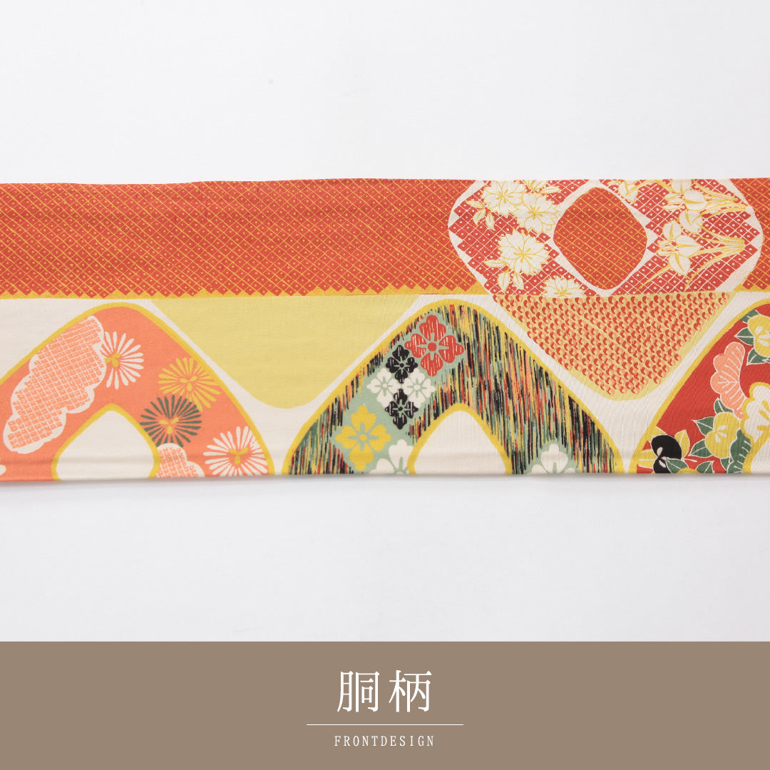 アンティーク 九寸名古屋帯 帯丈321cm 名古屋仕立て 全通 Aランク 正絹 染め帯 刺繍 花菱 橘 朱系 1224-03977