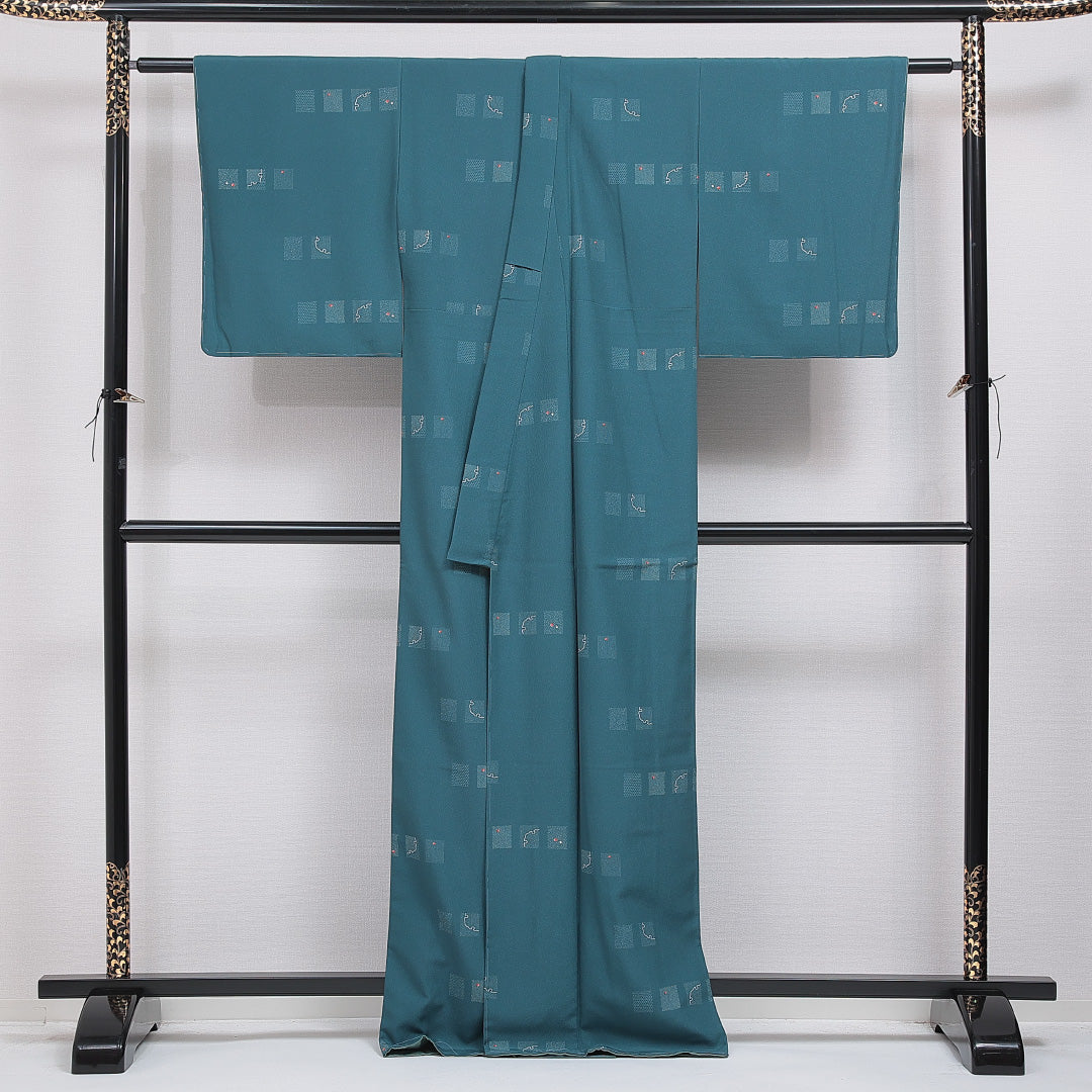 洗える着物 小紋 袷 身丈167cm 裄丈64cm ポリエステル Sランク インフォーマル 広衿 XLサイズ 創作柄 緑系 RP 1221-16258