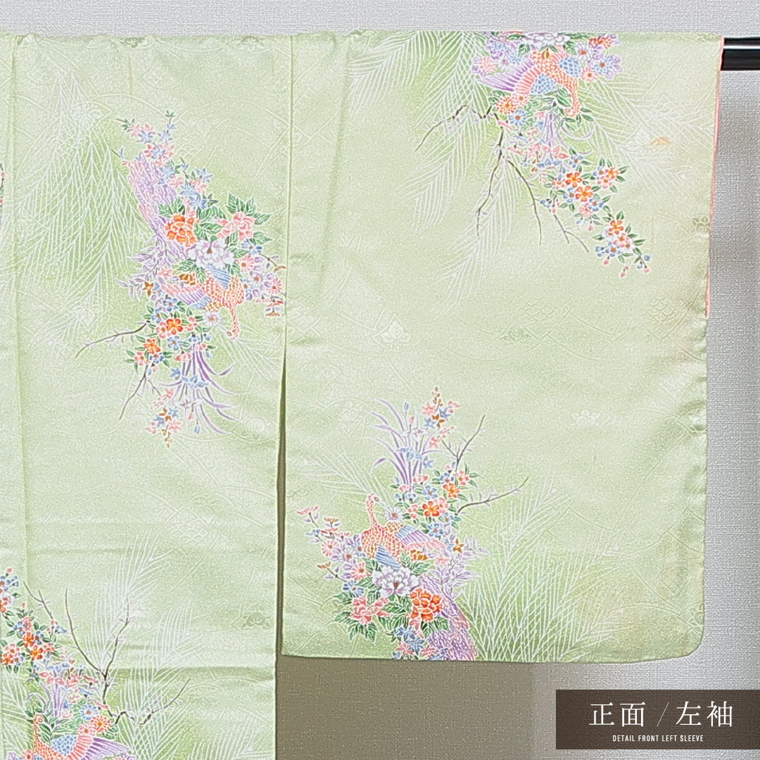 小紋 洗える着物 袷 身丈158cm 裄丈64cm ポリエステル Cランク Mサイズ 広衿 インフォーマル 花喰鳥 緑系 1215-16058