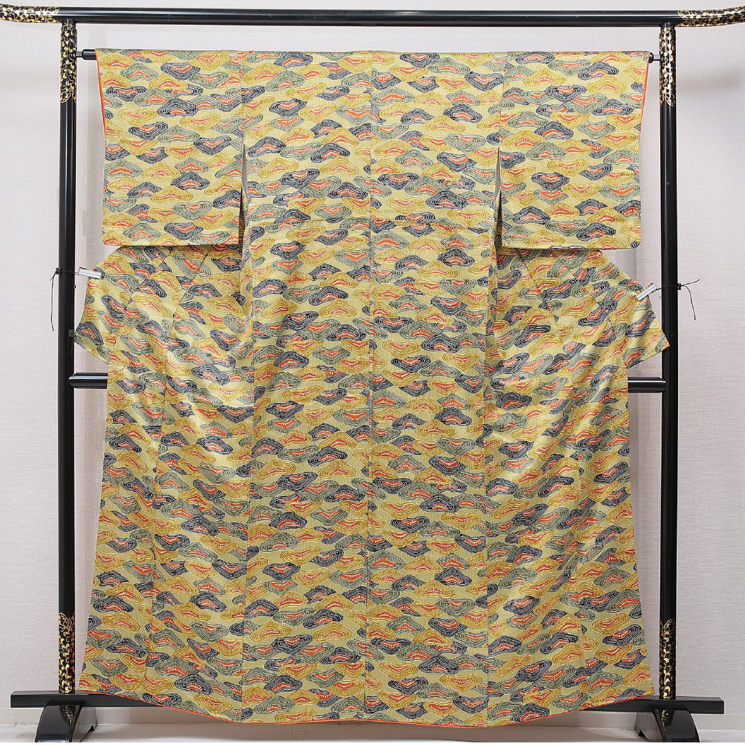 小紋 袷 身丈161cm 裄丈64cm 正絹 Sランク インフォーマル 広衿 Lサイズ 笠松 緑系 RP 1221-15589