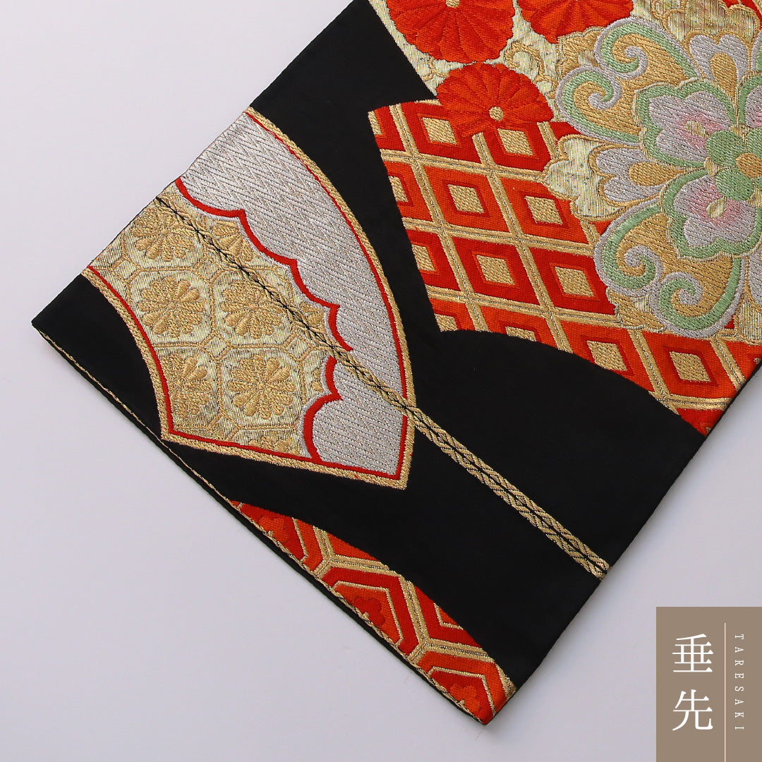 袋帯 帯丈400cm 正絹 六通 フォーマル 扇面文 宝相華 吉祥文様 黒系 金系 1243-01949