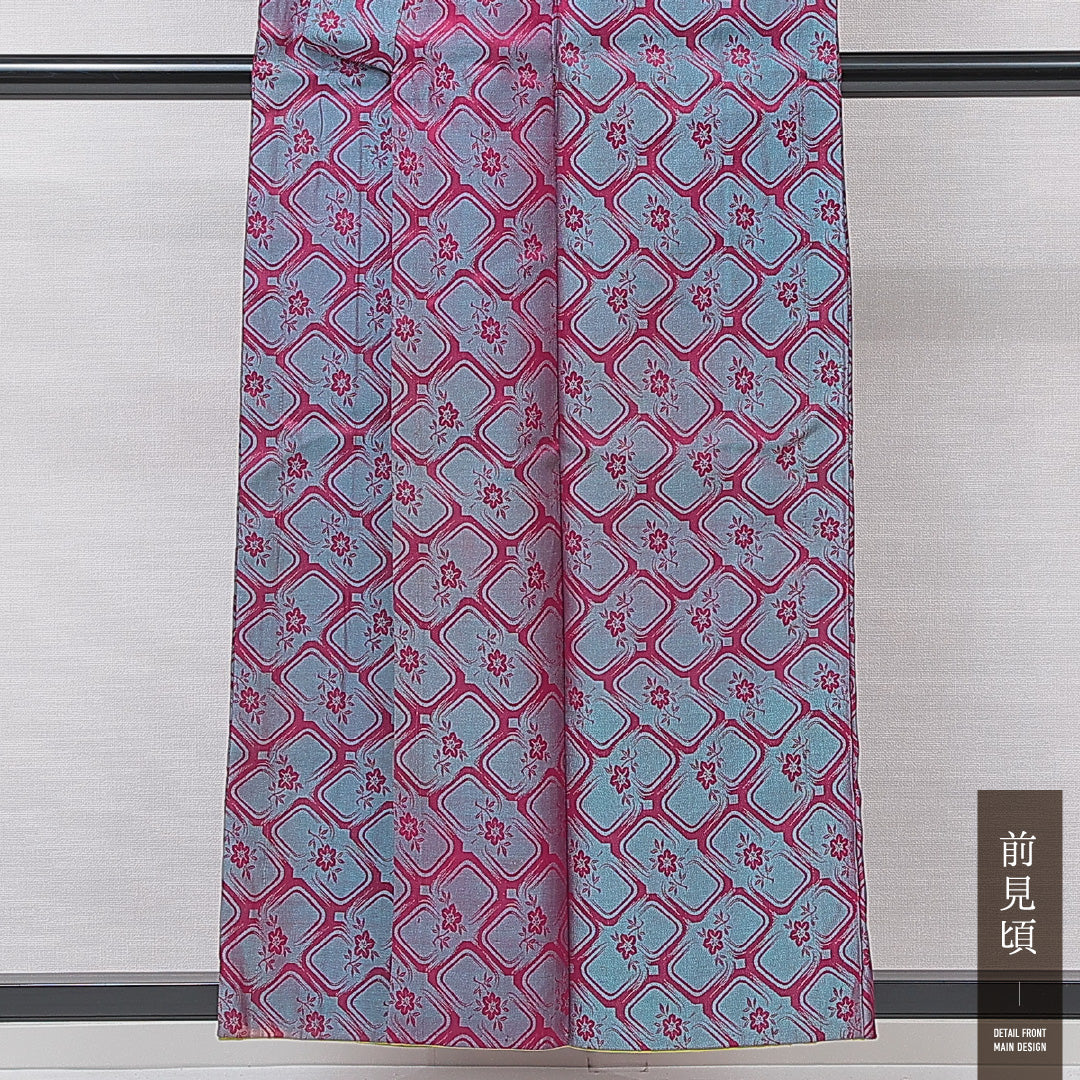 アンティーク お召 袷 身丈155cm 裄丈60cm 正絹 Bランク バチ衿 Mサイズ 花柄 緑系 RP 1222-15192