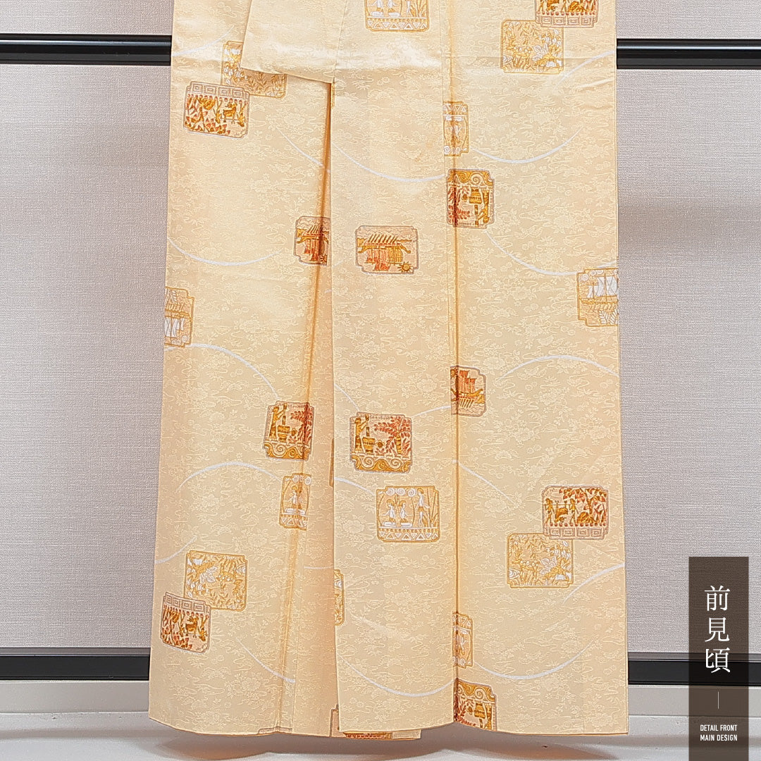 小紋 袷 身丈159cm 裄丈63cm 正絹 Bランク インフォーマル 広衿 Mサイズ 鹿 人物 朱系 RP 1221-16053