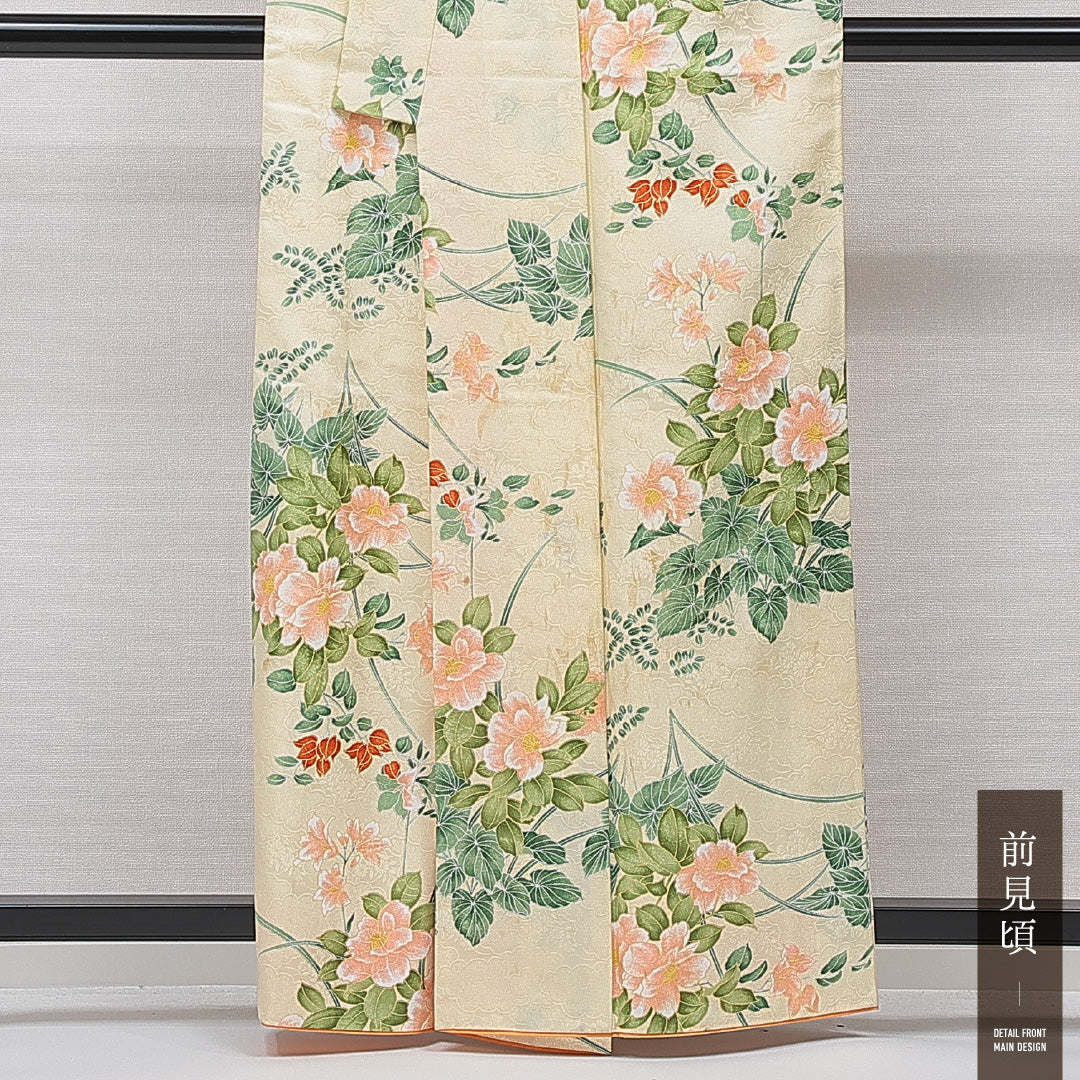 小紋 洗える着物 袷 身丈160cm 裄丈64cm ポリエステル Cランク Lサイズ バチ衿 インフォーマル 椿 クリーム系 1215-15839