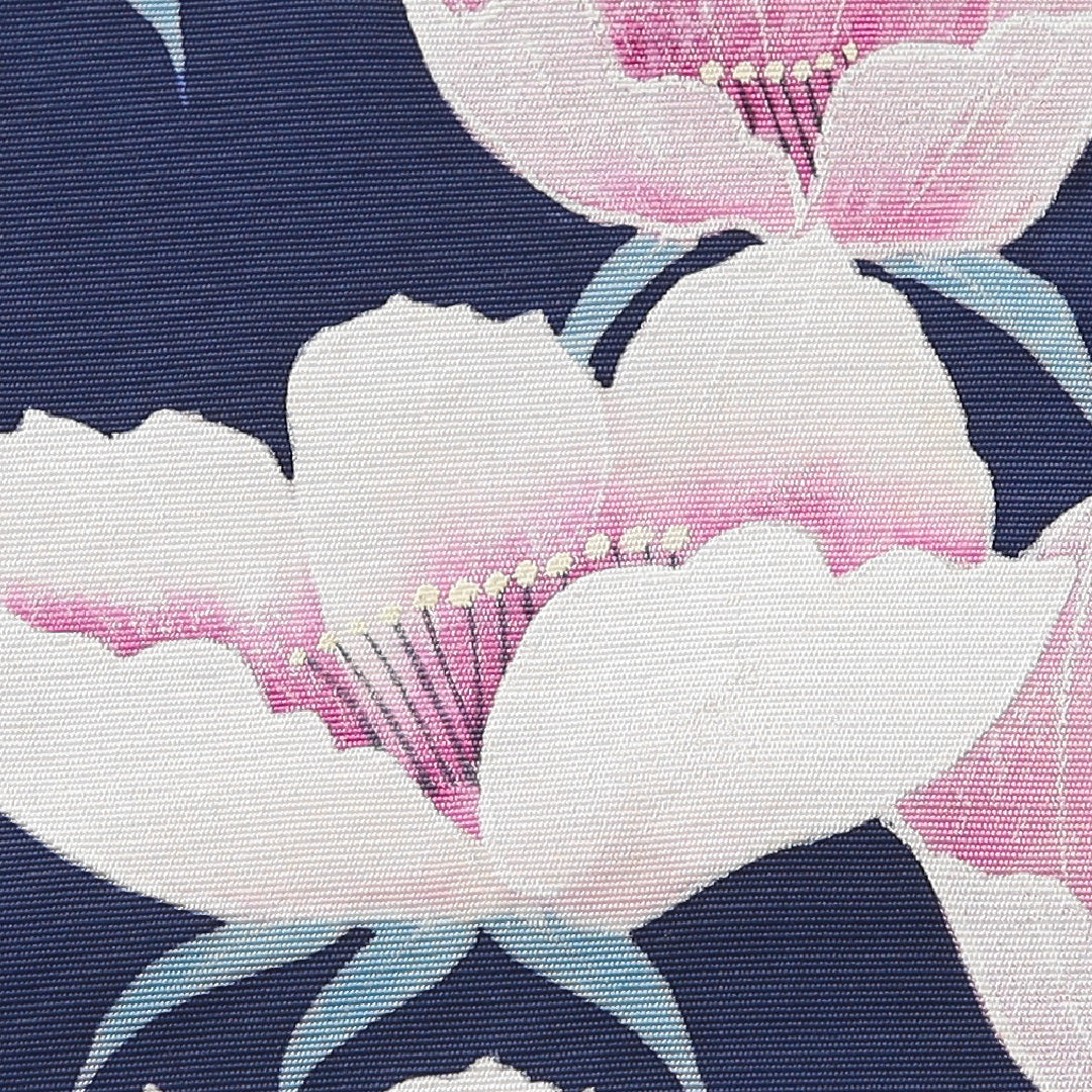 九寸名古屋帯 帯丈349cm インフォーマル 名古屋仕立て ポイント柄 Bランク 正絹 塩瀬 芙蓉 紺系 1224-03899