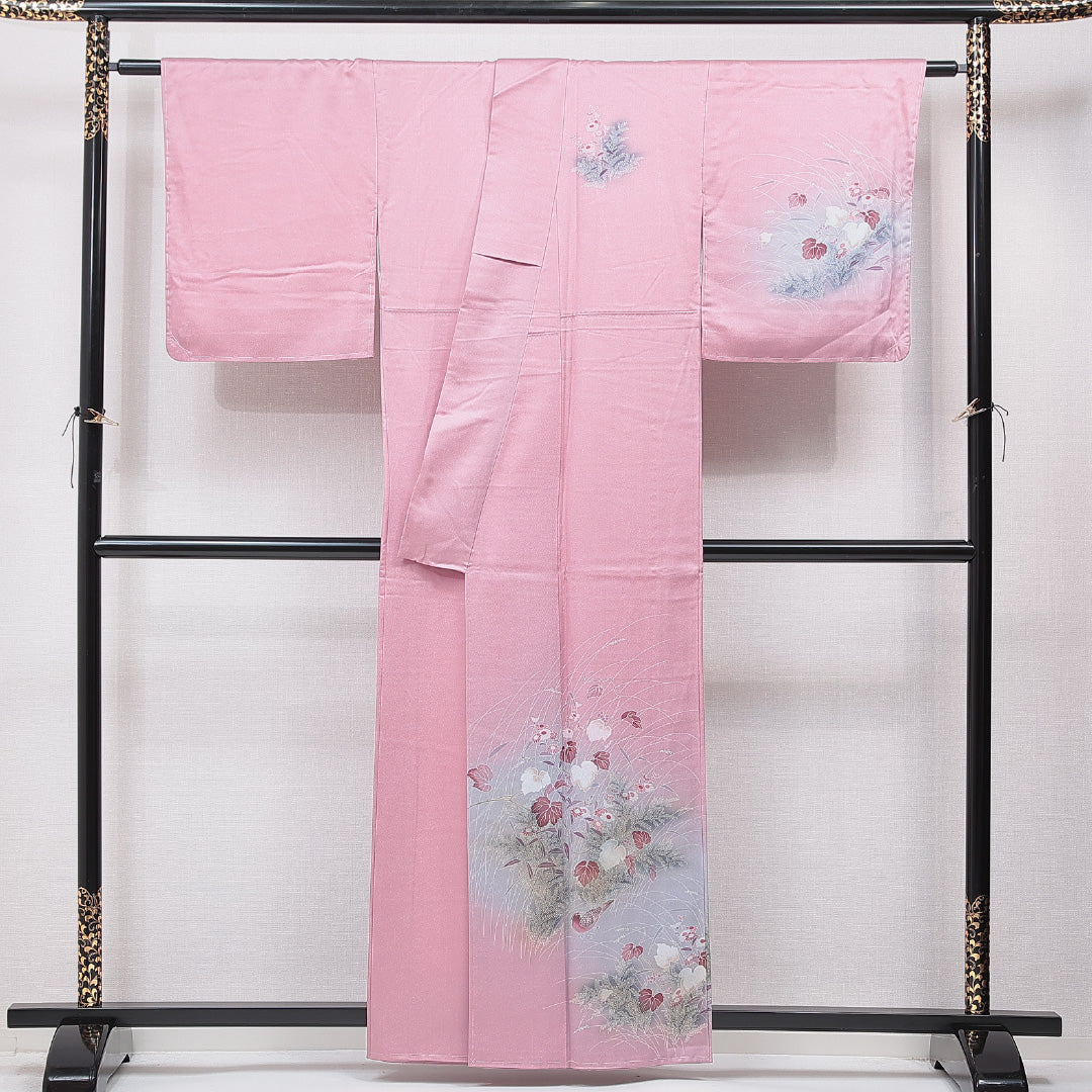 付下げ 袷 身丈159cm 裄丈65cm 正絹 Cランク インフォーマル 広衿 Mサイズ 草花 ピンク系 HP 1218-15571