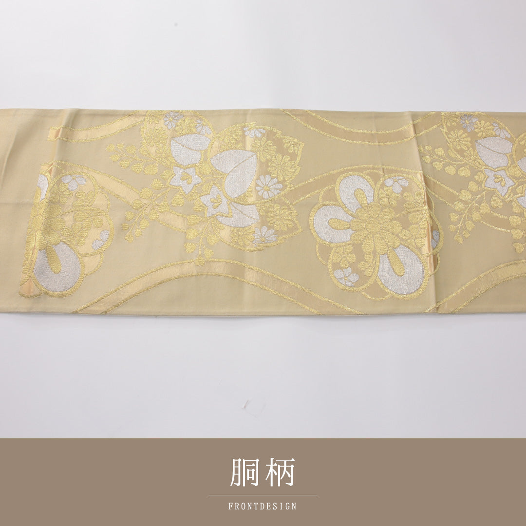 アンティーク 袋帯 帯丈402cm 六通 Aランク 正絹 立涌 桐 金系 1223-02285