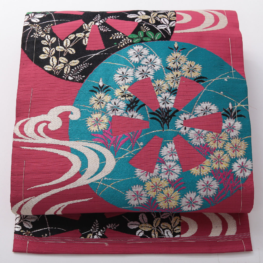 アンティーク 九寸名古屋帯 帯丈339cm 名古屋仕立て ポイント柄 Aランク 正絹 源氏車 花柄 ピンク系 1224-03695