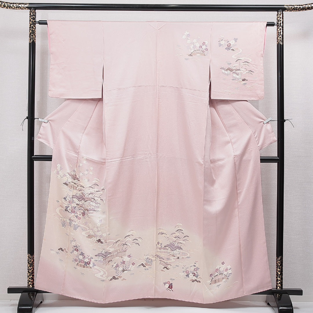 訪問着 袷 身丈161cm 裄丈61cm 正絹 Cランク セミフォーマル 広衿 Lサイズ 茶屋辻 古典的 華やか ピンク系 HP 1217-15502