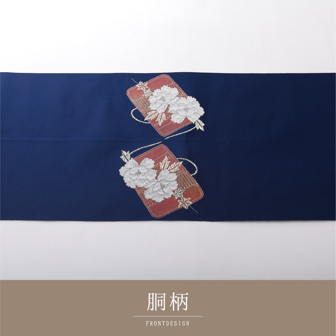 八寸名古屋帯 帯丈366cm セミフォーマル 松葉仕立て ポイント柄 Aランク 正絹 扇 牡丹 青系 1224-03727