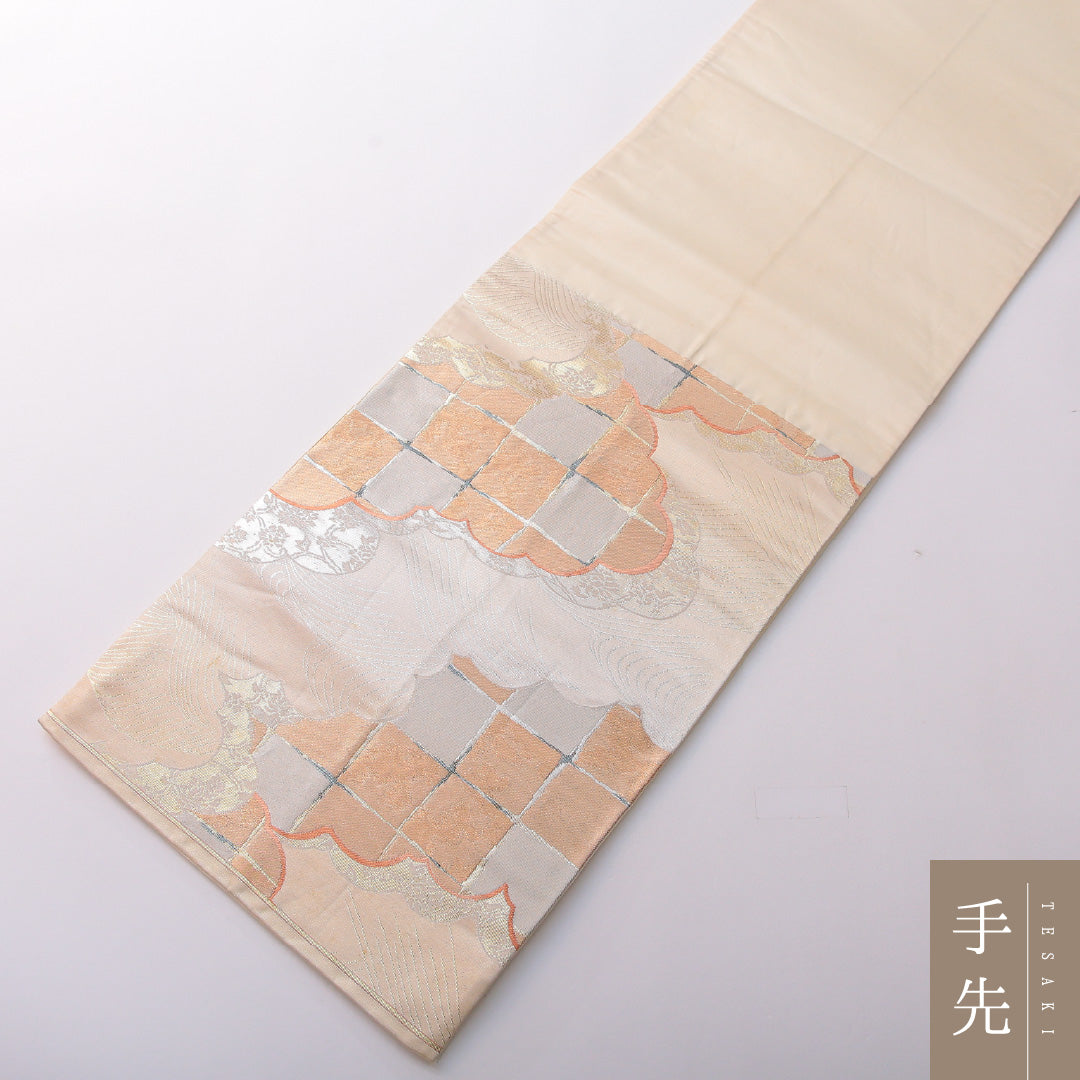 袋帯 帯丈426cm 正絹 六通 フォーマル 雲取り 格子 吉祥文様 銀系 1243-01992