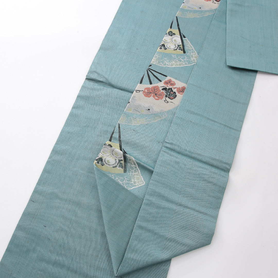 アンティーク 九寸名古屋帯 帯丈348cm 名古屋仕立て 六通 Cランク 正絹 扇子 菊 緑系 青系 1224-03971