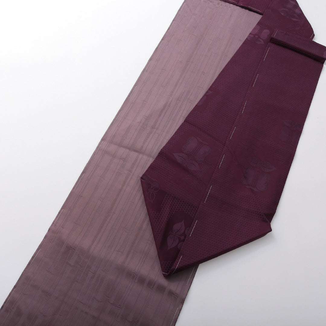 アンティーク 九寸名古屋帯 帯丈289cm カジュアル 名古屋仕立て 全通 Aランク 正絹 染め帯 椿 紫系 1224-03683