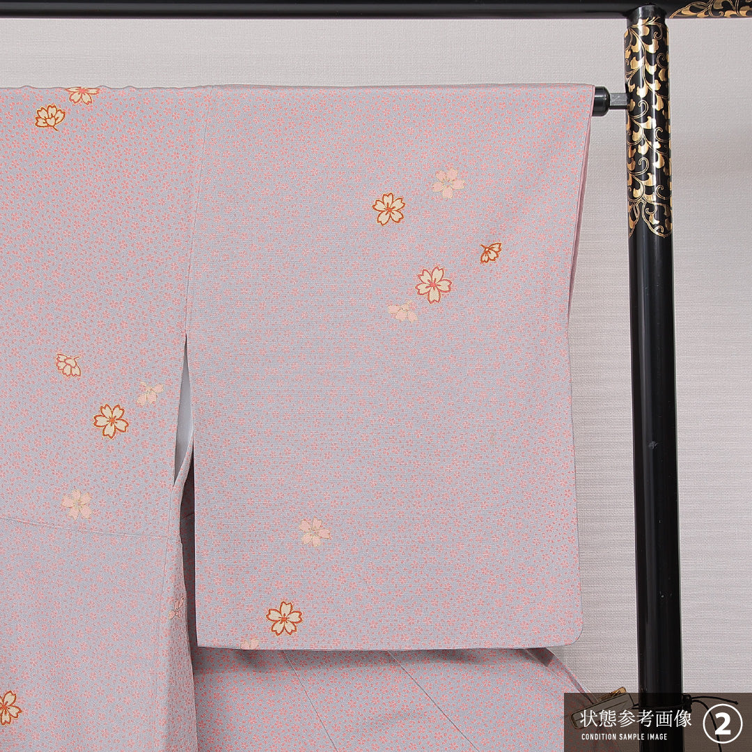 小紋 袷 身丈162cm 裄丈65cm 正絹 Bランク インフォーマル 広衿 Lサイズ 桜 グレー系 RP 1221-15198
