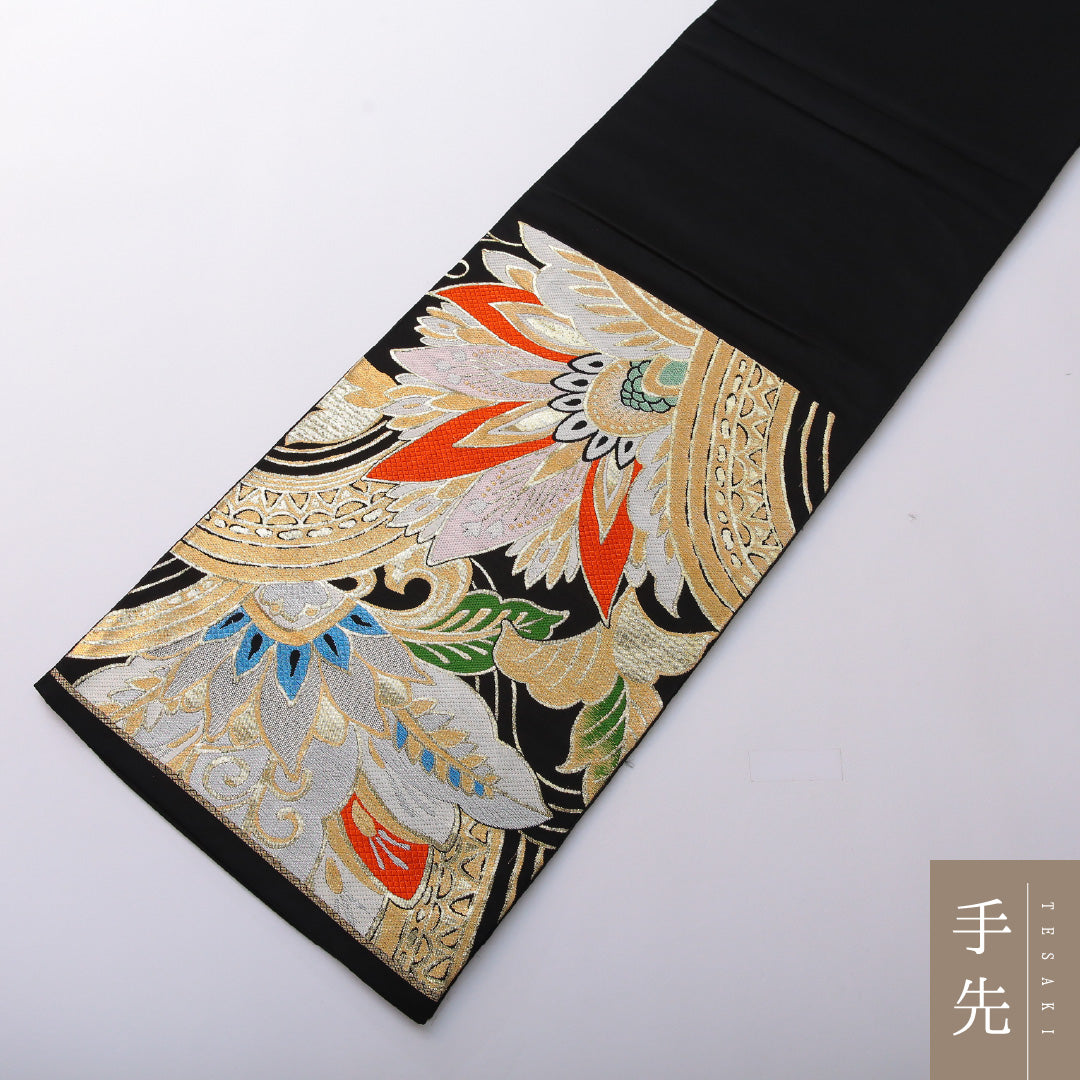 アンティーク 袋帯 帯丈412cm 六通 Aランク 正絹 植物柄 黒系 1223-01997
