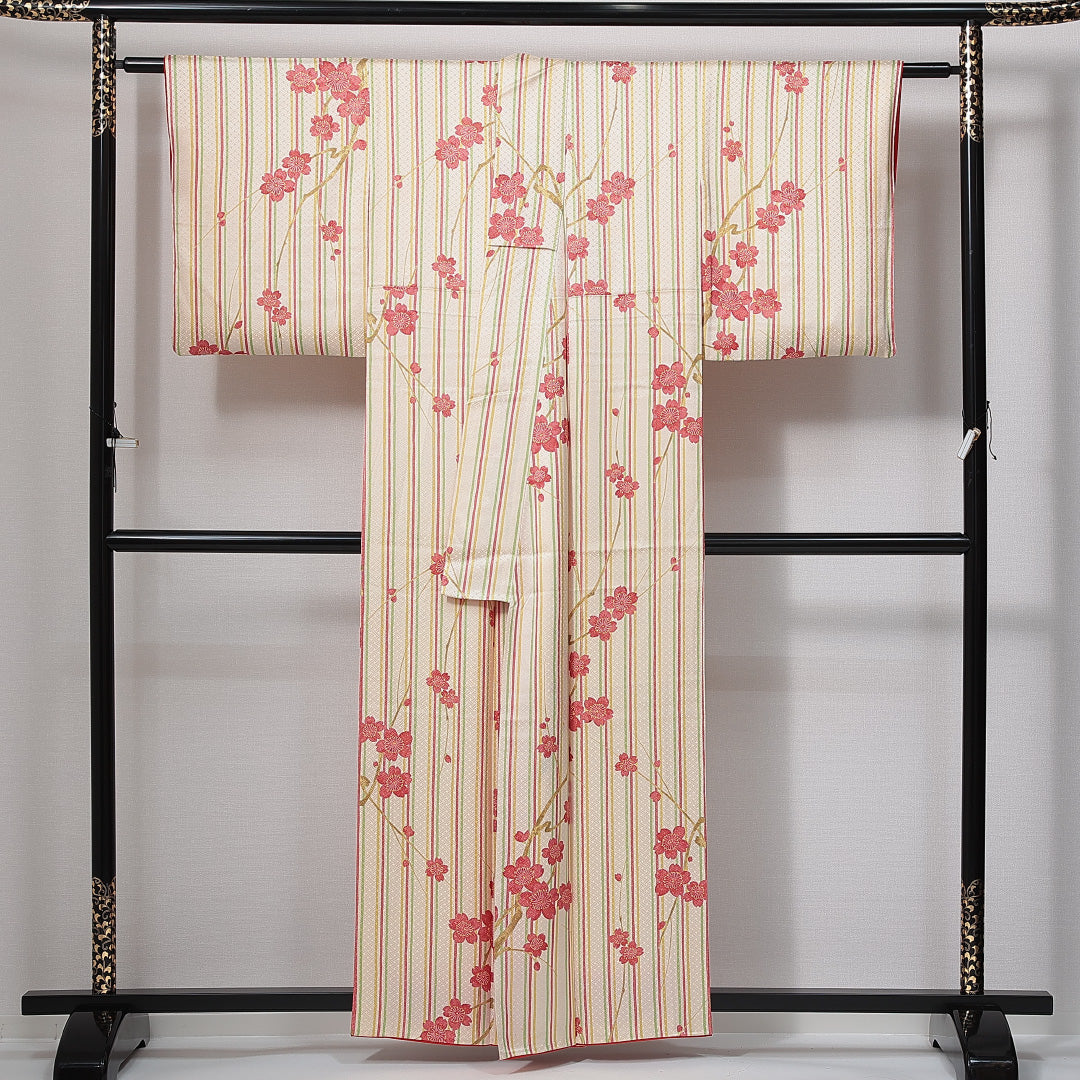 小紋 袷 身丈155cm 裄丈62cm レーヨン Cランク インフォーマル 広衿 Mサイズ 証紙 縞 桜 クリーム系 LP 1221-15009