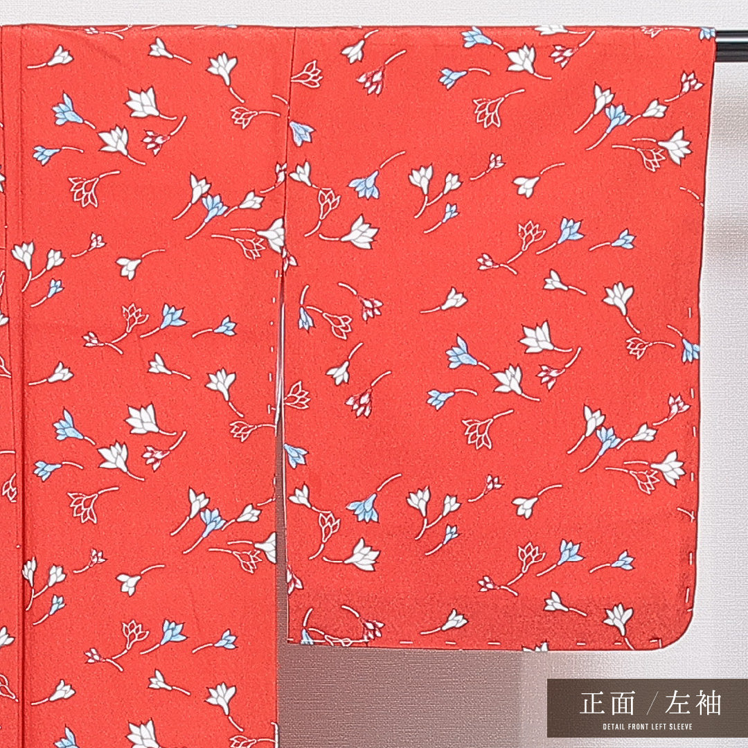 洗える着物 小紋 袷 身丈142cm 裄丈63cm ポリエステル Sランク インフォーマル バチ衿 XSサイズ 植物柄 赤系 RP 1221-16298