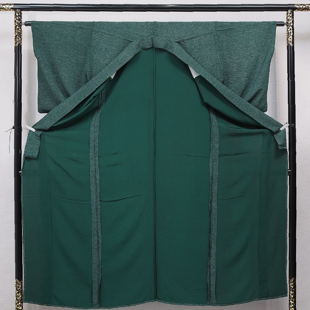 小紋 単衣 身丈159cm 裄丈63cm 正絹 Sランク Mサイズ バチ衿 インフォーマル 肩当て ちりめん 無地 緑系 1215-15680