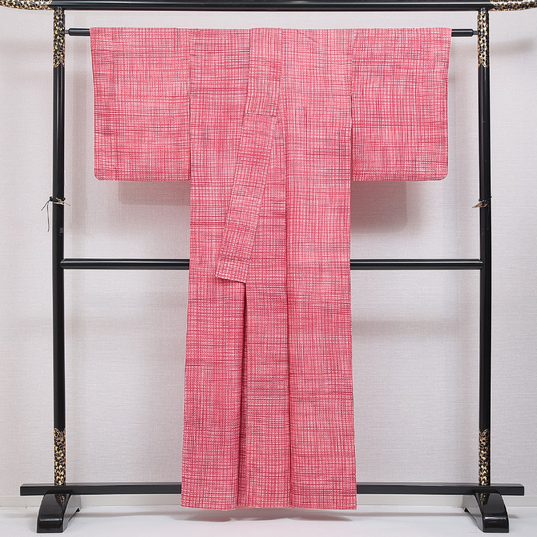 小紋 洗える着物 袷 身丈158cm 裄丈63cm ポリエステル Aランク Mサイズ 広衿 インフォーマル 格子 ピンク系 1215-16393