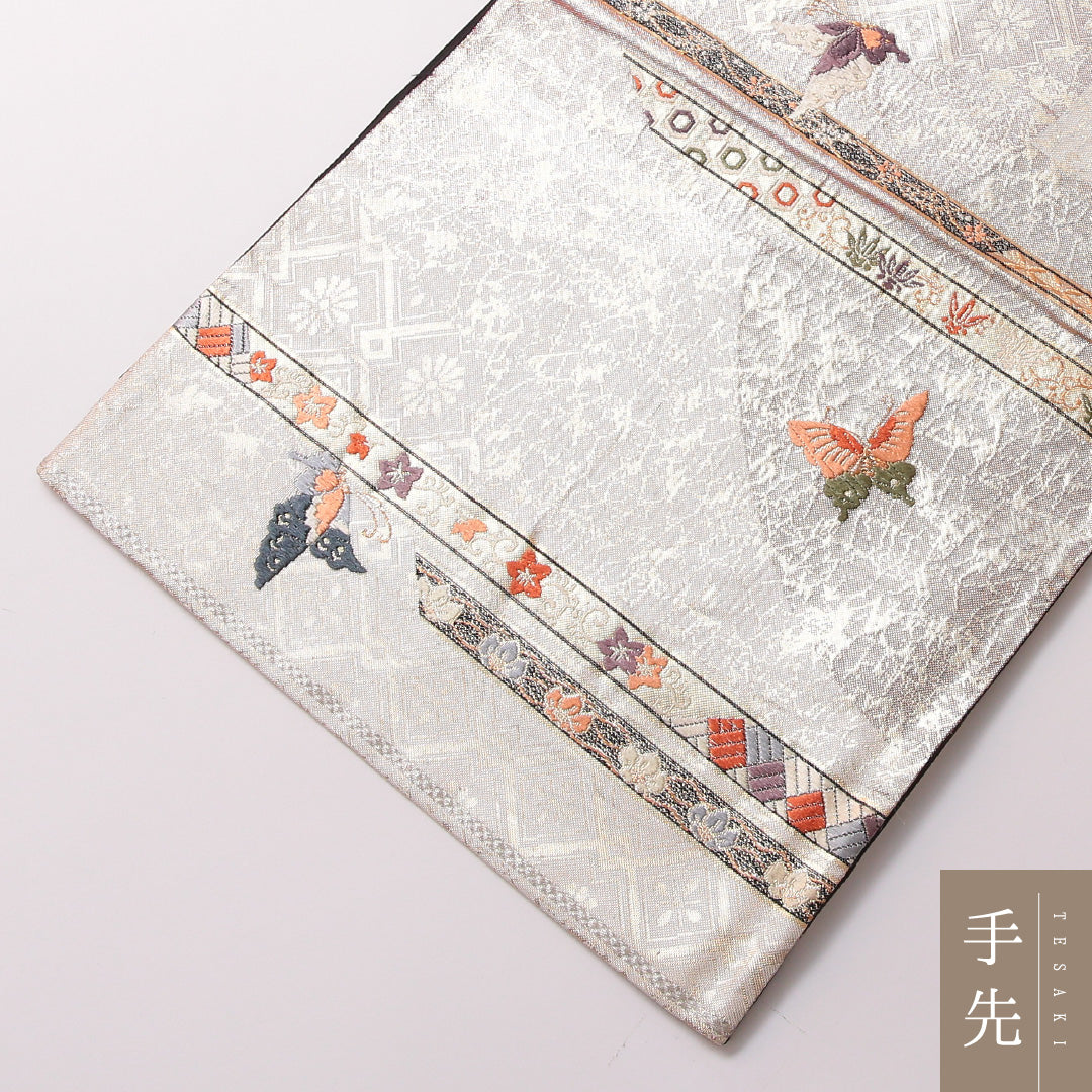 袋帯 帯丈424cm 正絹 六通 フォーマル 裂取り 蝶 吉祥文様 金系 ピンク系 1243-01788