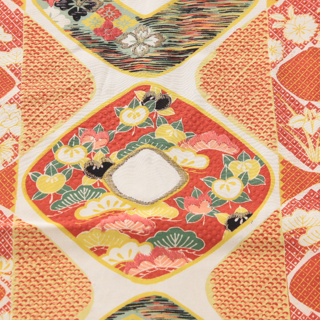 アンティーク 九寸名古屋帯 帯丈321cm 名古屋仕立て 全通 Aランク 正絹 染め帯 刺繍 花菱 橘 朱系 1224-03977