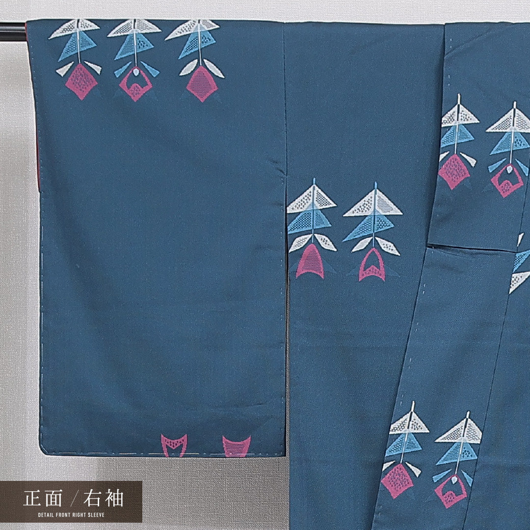 洗える着物 紬 袷 身丈157cm 裄丈62cm ポリエステル Aランク カジュアル 広衿 Mサイズ 花柄 青系 RP 1223-16404