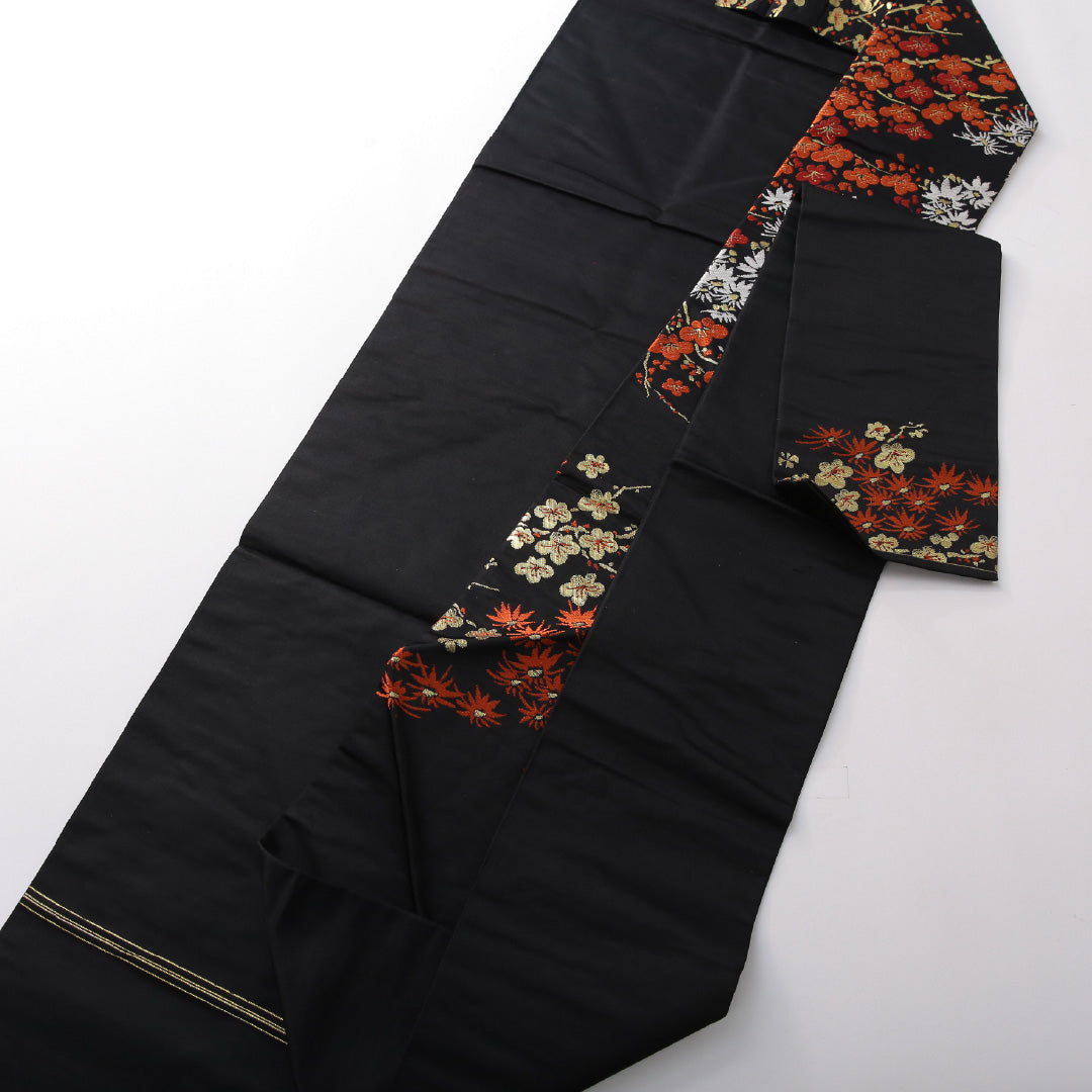 九寸名古屋帯 帯丈336cm インフォーマル 名古屋仕立て 六通 Aランク 正絹 梅 菊 黒系 1224-03817