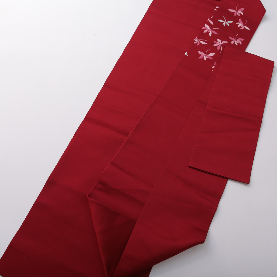 八寸名古屋帯 帯丈345cm カジュアル 名古屋仕立て ポイント柄 Sランク 正絹 植物柄 赤系 1224-03423