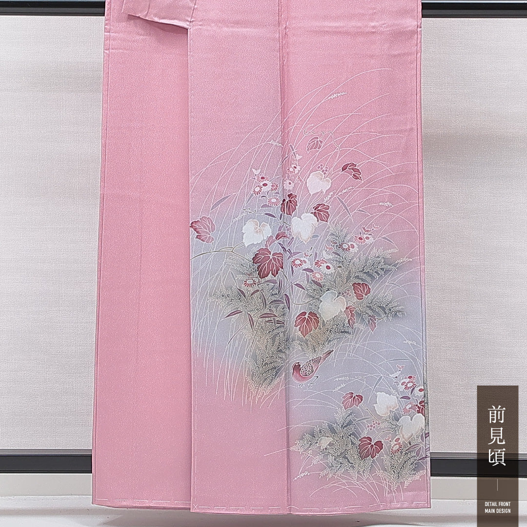 付下げ 袷 身丈159cm 裄丈65cm 正絹 Cランク インフォーマル 広衿 Mサイズ 草花 ピンク系 HP 1218-15571