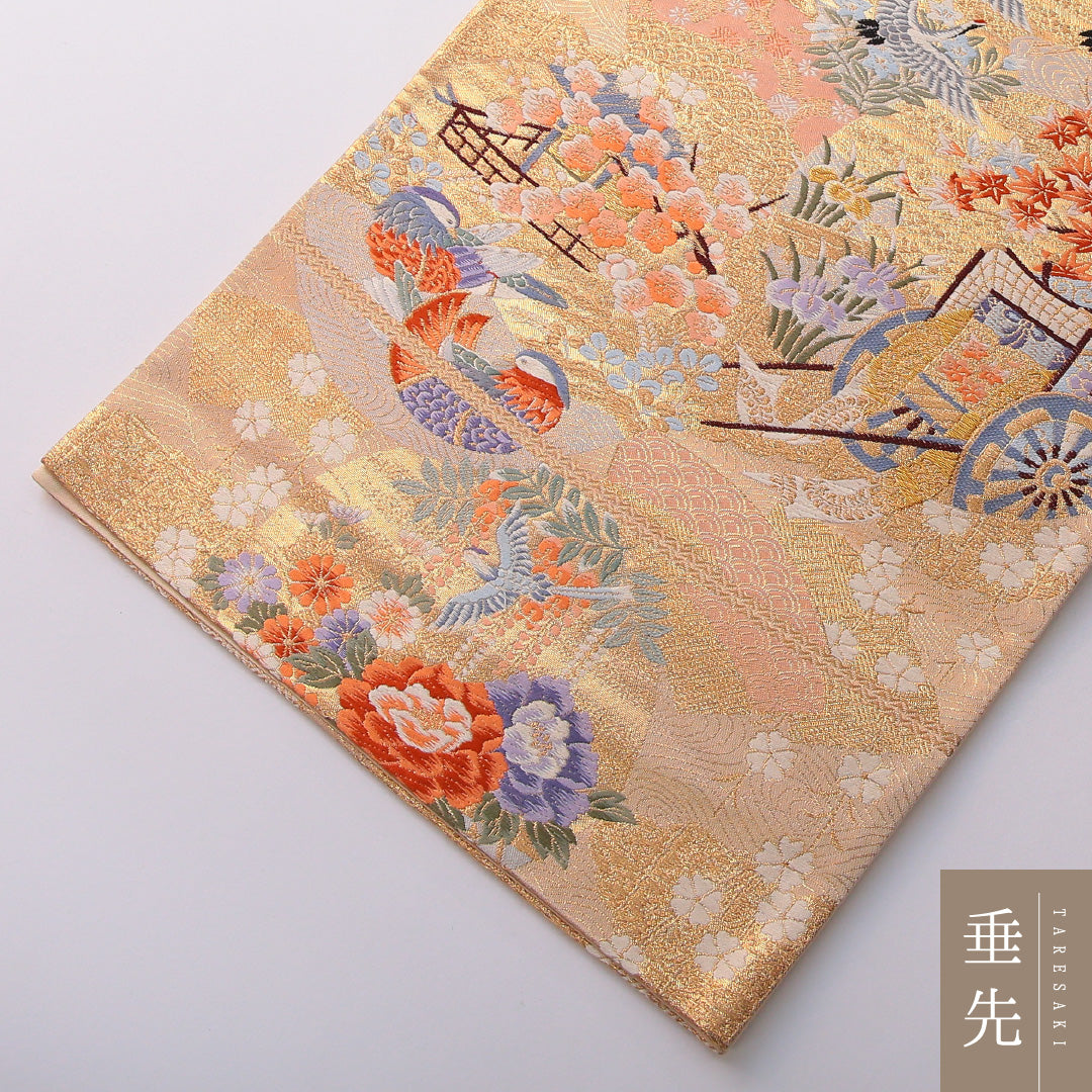 袋帯 帯丈426cm フォーマル 六通 Sランク 正絹 花車 金系 1223-01979