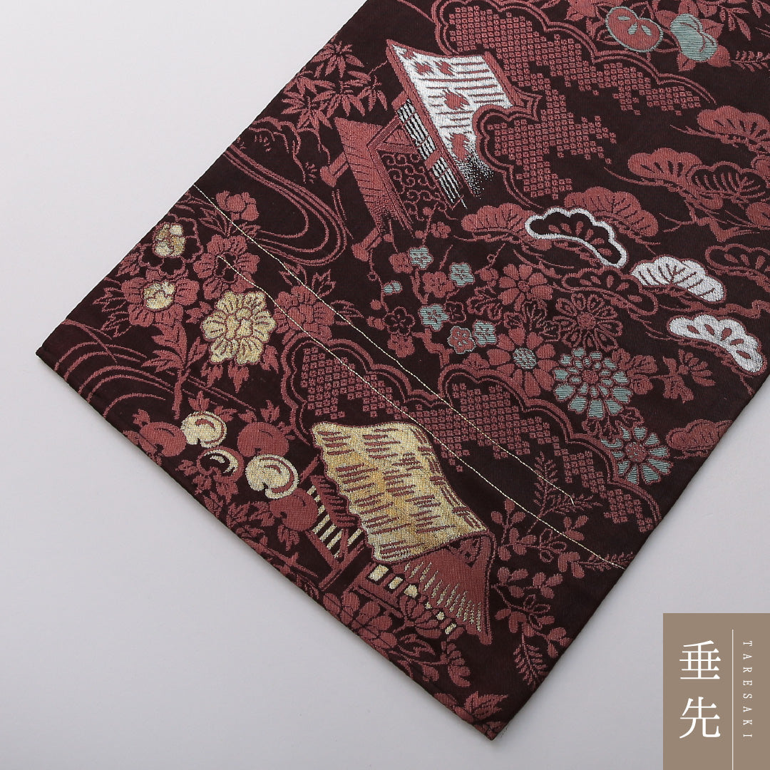 アンティーク 九寸名古屋帯 帯丈327cm セミフォーマル 名古屋仕立て 六通 Aランク 正絹 茶屋辻 松 茶系 1224-03566