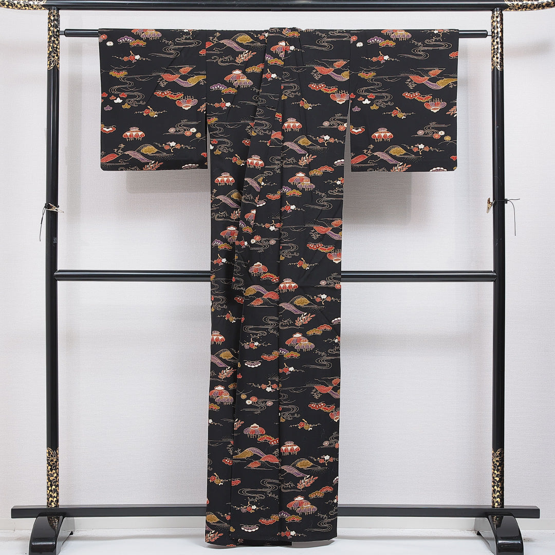 洗える着物 紬 単衣 身丈160cm 裄丈63cm ポリエステル Sランク カジュアル バチ衿 Lサイズ 染め紬 梅 笠松 黒系 RP 1223-16280