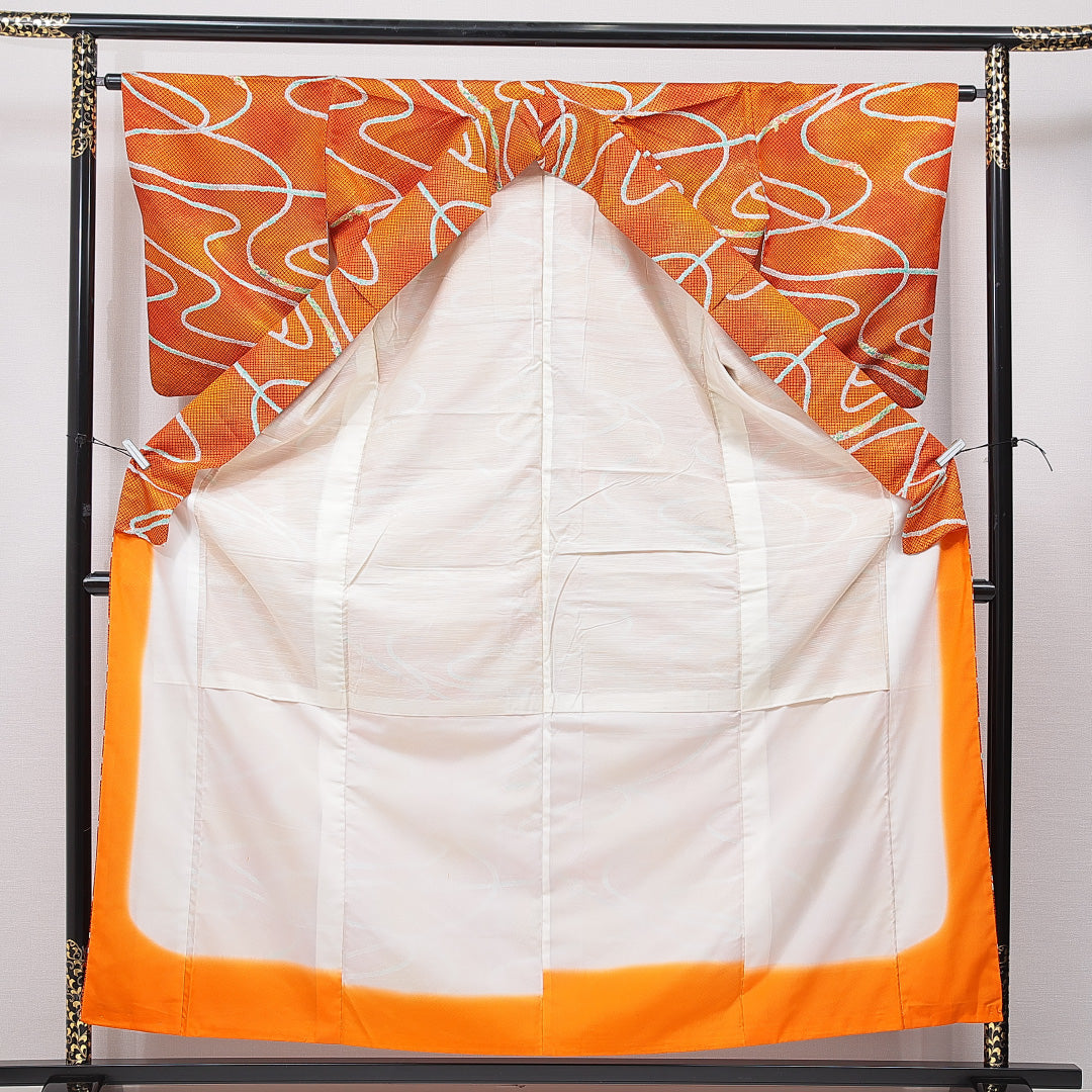 小紋 単衣 身丈158cm 裄丈64cm 正絹 Sランク Mサイズ 広衿 インフォーマル 創作柄 朱系 1215-15686