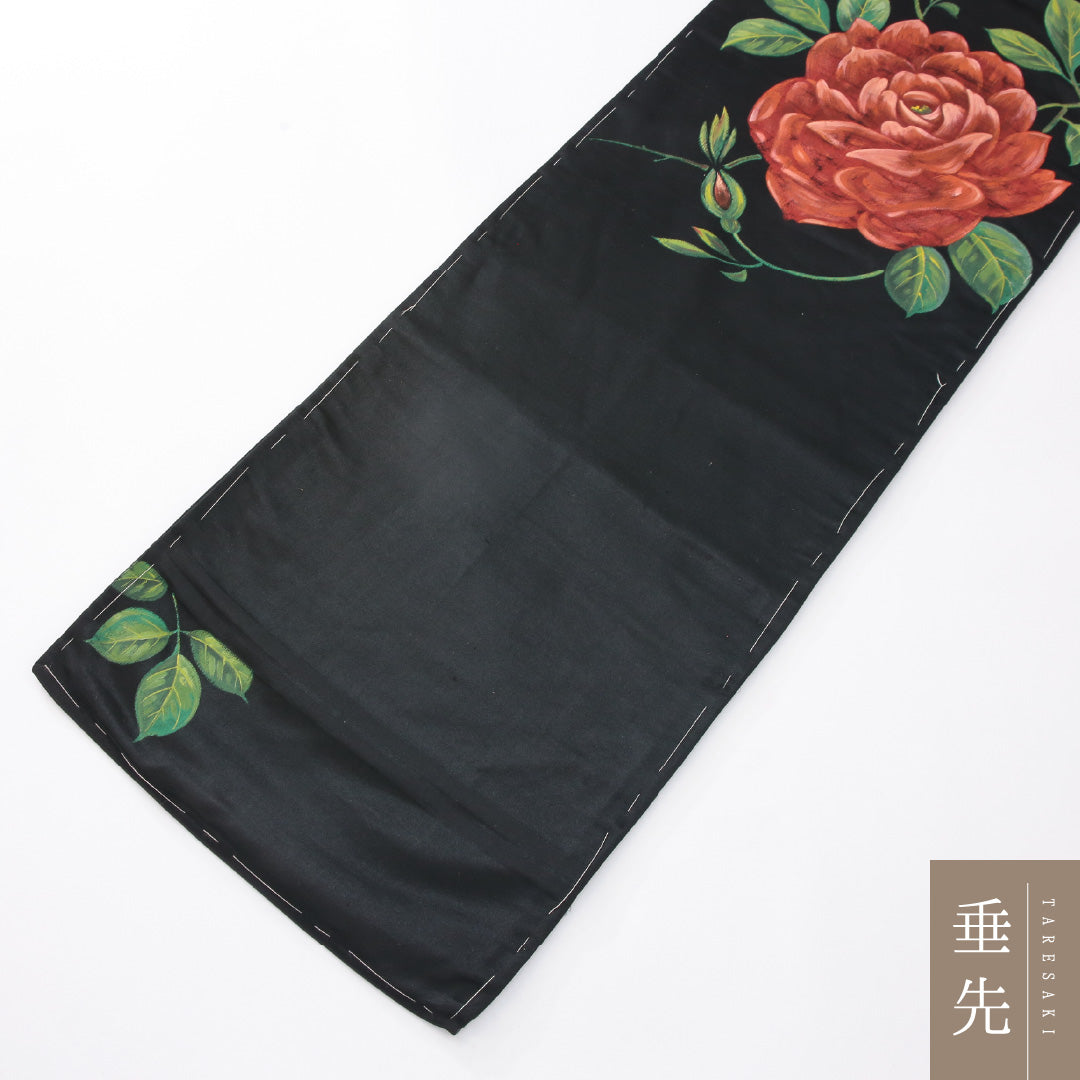 アンティーク 九寸名古屋帯 帯丈259cm 名古屋仕立て ポイント柄 Aランク 正絹 染め帯 ペンテ帯 薔薇 黒系 1224-04149