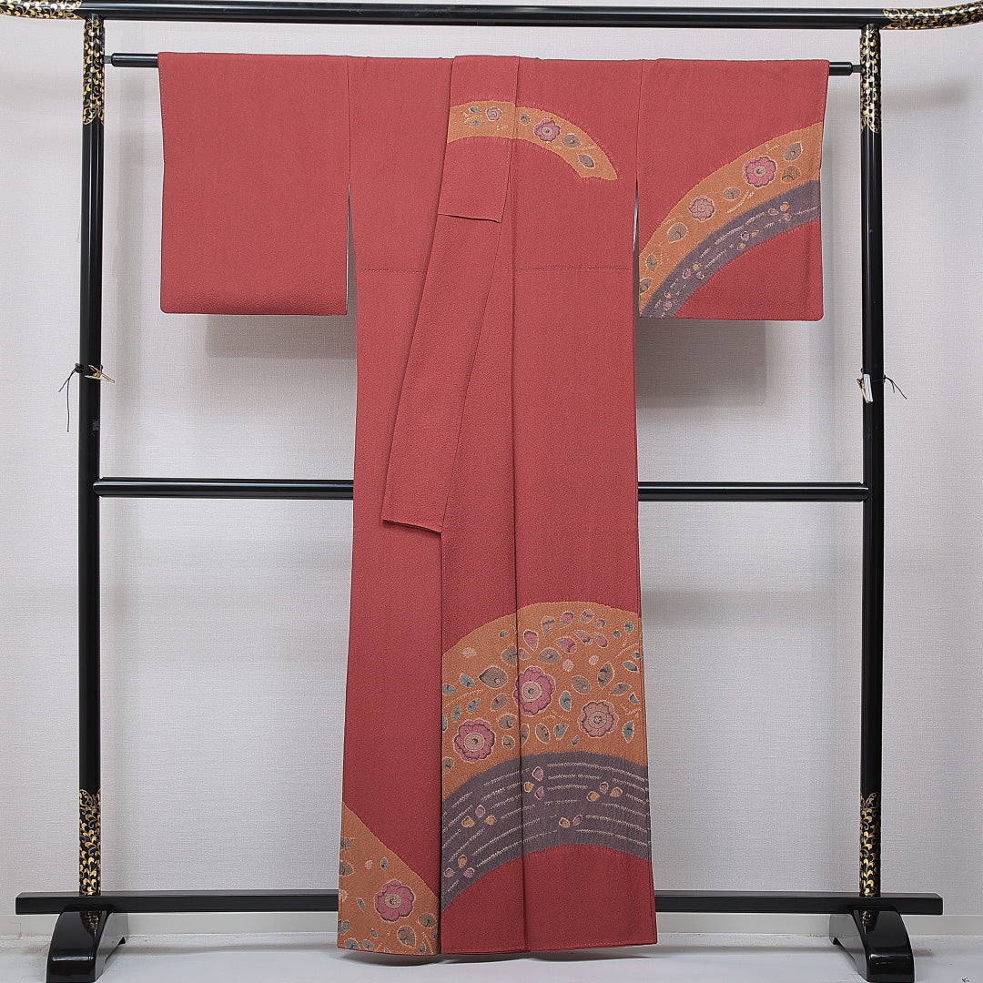 付下げ 袷 身丈160cm 裄丈65cm 正絹 Sランク インフォーマル 広衿 Lサイズ ふくれ織 辻が花 赤系 RP 1218-15721