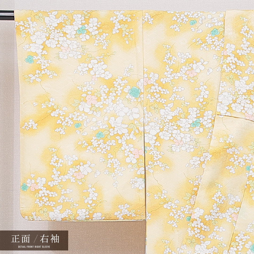小紋 袷 身丈159cm 裄丈64cm 正絹 Cランク インフォーマル 広衿 Mサイズ 花柄 黄系 HP 1221-15097