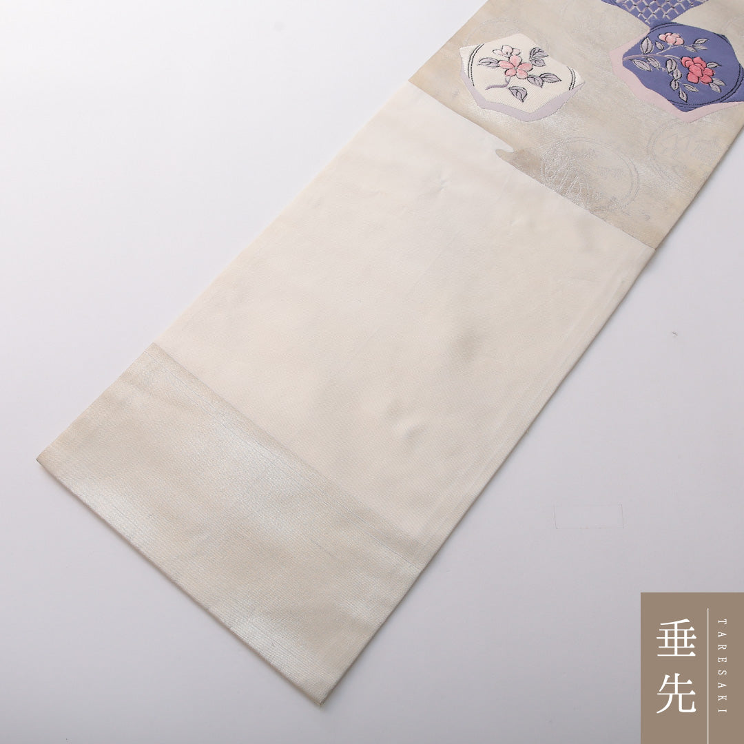 九寸名古屋帯 帯丈348cm セミフォーマル 名古屋仕立て ポイント柄 Cランク 正絹 花柄 クリーム系 1224-03510