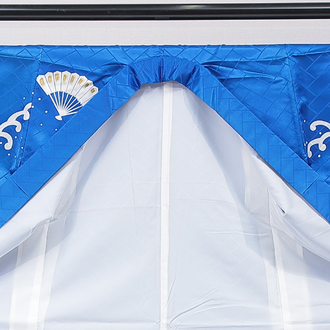 訪問着 袷 身丈150cm 裄丈60cm 正絹 Cランク Sサイズ 広衿 セミフォーマル 扇 波頭 金彩 青系 1212-15902