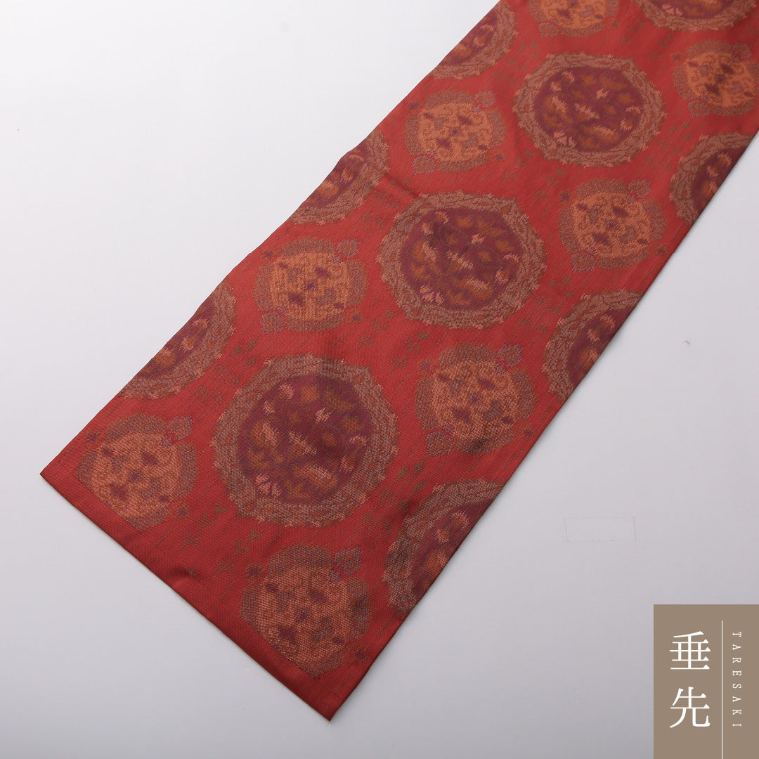 九寸名古屋帯 帯丈357cm カジュアル 名古屋仕立て 六通 Aランク 正絹 創作柄 赤系 朱系 1224-03501