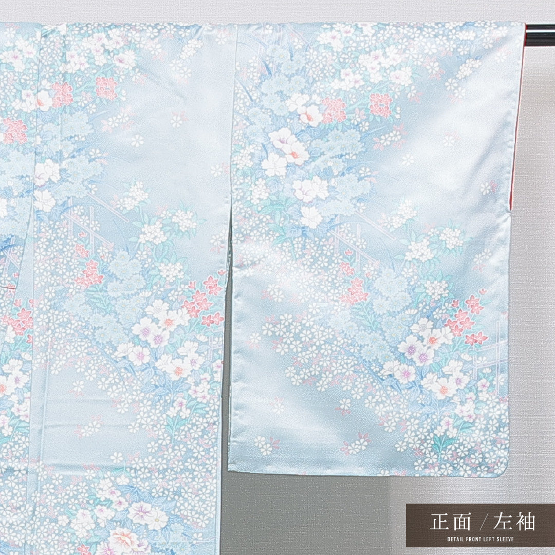 小紋 洗える着物 袷 身丈164cm 裄丈65cm ポリエステル Cランク Lサイズ 広衿 インフォーマル 花柄 水色系 1215-16255