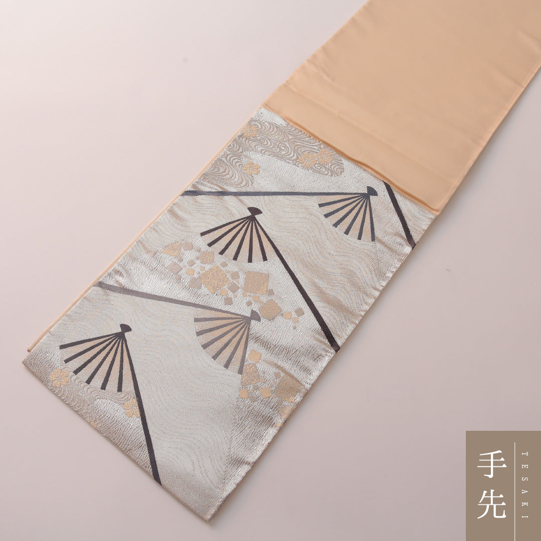 袋帯 帯丈440cm フォーマル 六通 Sランク 正絹 扇 流水 桜 銀系 クリーム系 1223-01883